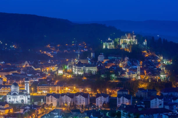 aerial panorama of sighisoara - sighisoara romania sunlight day imagens e fotografias de stock