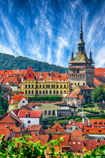 Panoramic summer view over the medieval cityscape architecture in Sighisoara town, historical region of Transylvania, Romania, Europe