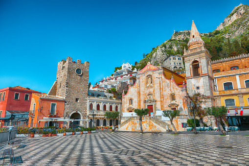 Belvedere of Taormina and San Giuseppe church on the square Piazza IX Aprile in Taormina. Sicily, Italy