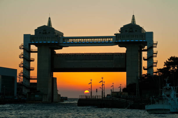 Symmetrical harbor buildings and sunset