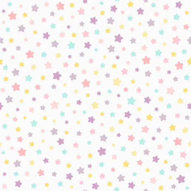Vector illustration of Stars pastel color seamless pattern. Baby colors pink, violet, yellow, mint. Neutral light background.