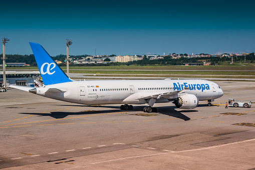 Guarulhos, SP, Brazil - April 19, 2019: Air Europa received authorization from (anac) to operate in Brazil on domestic flights (flights within Brazil) as an airline. It is the first foreign airline with the new plan \