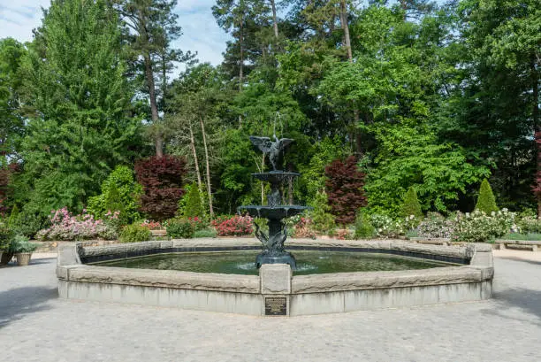 Beautiful fountain ata botanical garden in springtime in Durham, North Carolina