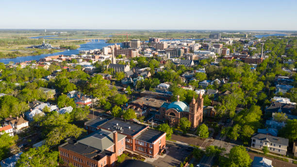 Verde hojas fuera de primavera vista aérea centro de la ciudad de Wilmington North Carolina - foto de stock