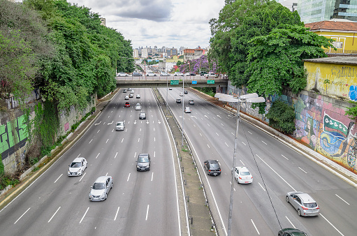 Sao Paulo SP, Brazil - March 03, 2019: View of Radial Leste avenue, east-west link. Large arterial avenue of the city. Photo taken from the bridge of Liberdade neighborhood.
