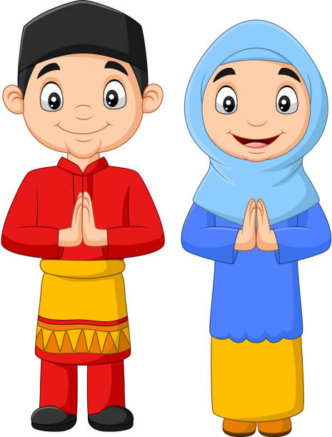 Happy Muslim kids cartoon on white background Vector illustration of Happy Muslim kids cartoon on white background cartoon of muslim costume stock illustrations