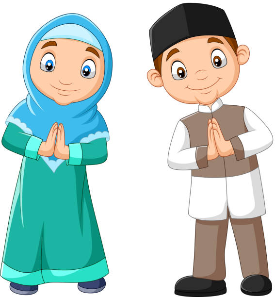 Happy Muslim kids cartoon on white background Vector illustration of Happy Muslim kids cartoon on white background cartoon of muslim costume stock illustrations