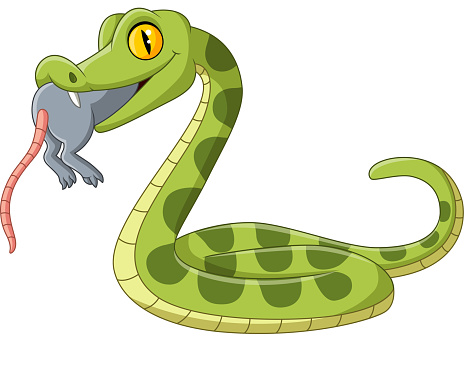 Vector illustration of Cartoon green snake eating a mouse