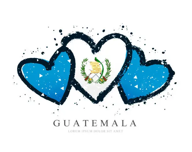 Vector illustration of Guatemalan flag in the form of three hearts. Vector illustration