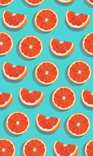 Vector illustration of Seamless pattern slice orange fruits on green blue background. Grapefruit vector illustration.