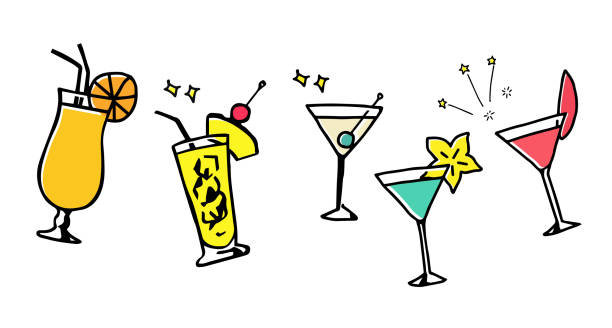 ilustrações, clipart, desenhos animados e ícones de bebidas e cocktail tropicais desenho de linha desenhado mão - isolated on white fun orange food