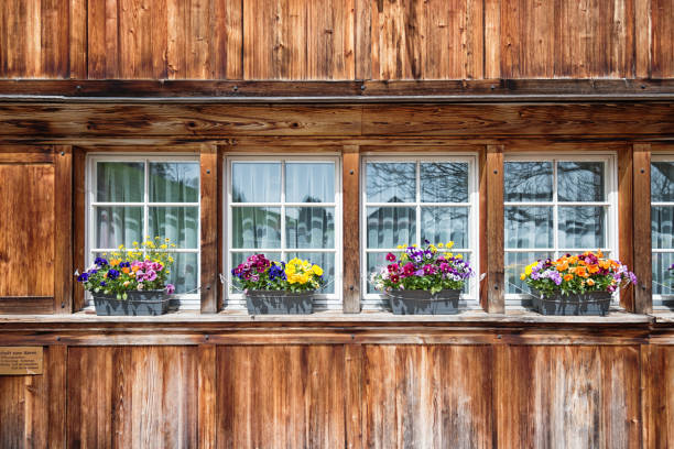 facade of a farmhouse in appenzellerland, switzerland facade of a farmhouse in appenzellerland, switzerland appenzell stock pictures, royalty-free photos & images