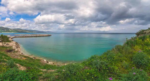 Panoramic view of the Alykes Beach in Alykes Bay in summer, Zante Island, Greece