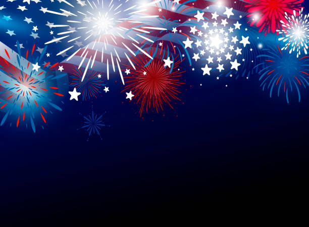 illustrazioni stock, clip art, cartoni animati e icone di tendenza di usa, 4 luglio design del giorno dell'indipendenza della bandiera americana con illustrazione vettoriale fuochi d'artificio - star shape red blue white