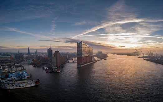 Panorama Aerial view from the Port of Hamburg with beautiful Sunrise