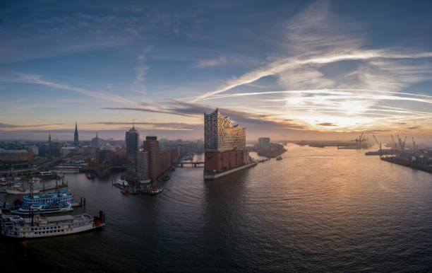 Panorama Aerial view from the Port of Hamburg with beautiful Sunrise Panorama Aerial view from the Port of Hamburg with beautiful Sunrise hamburg germany photos stock pictures, royalty-free photos & images