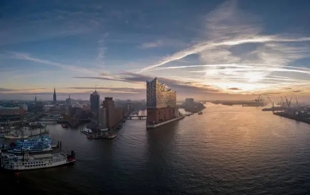 Panorama Aerial view from the Port of Hamburg with beautiful Sunrise