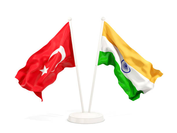 istock Two waving flags of Turkey and india isolated on white 1151330706