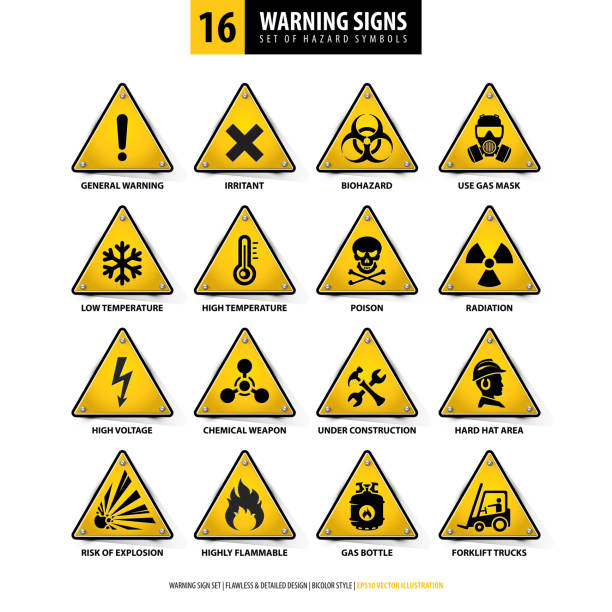 16 triangle warning signs vector set of warning signs, collection of hazard symbols, 16 high detailed danger emblems, isolated 3d triangle shapes, gradient style design, illustration of yellow danger boards on white background chemical weapons stock illustrations