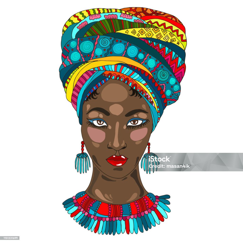 Vector Colorful portrait of a beautiful African American woman in a ornamental draped high scarf and with earrings and a necklace on her neck. Design card, print on t-shirt on white background Vector Colorful portrait of a beautiful African American woman in a ornamental draped high scarf and with earrings and a necklace on her neck. Design card, print on t-shirt on white back Multi Colored stock vector