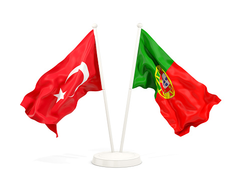 Two waving flags of Turkey and portugal isolated on white. 3D illustration
