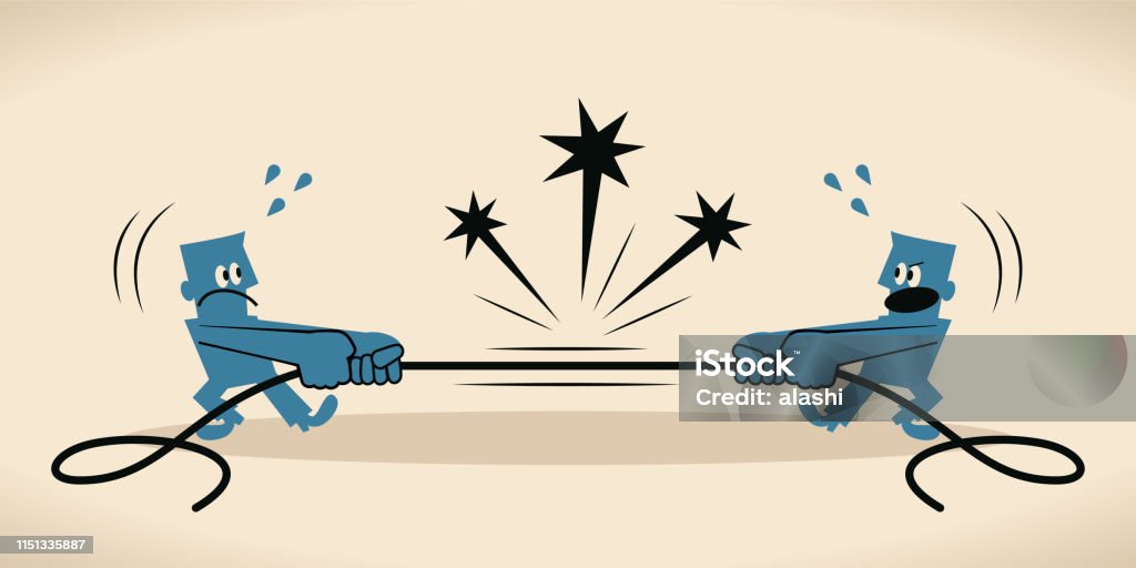 Tug Of War two businessmen pulling rope in opposite directions Blue Little Guy Characters Full Length Vector art illustration.Copy Space.
Tug Of War two businessmen pulling rope in opposite directions. Communication Problems stock vector