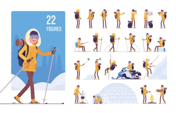 Vector illustration of Hiking winter woman character set