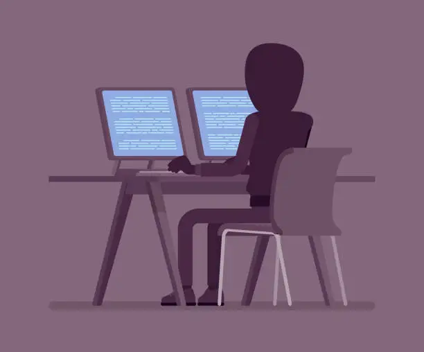 Vector illustration of Anonymous hacker man with hidden face at computer