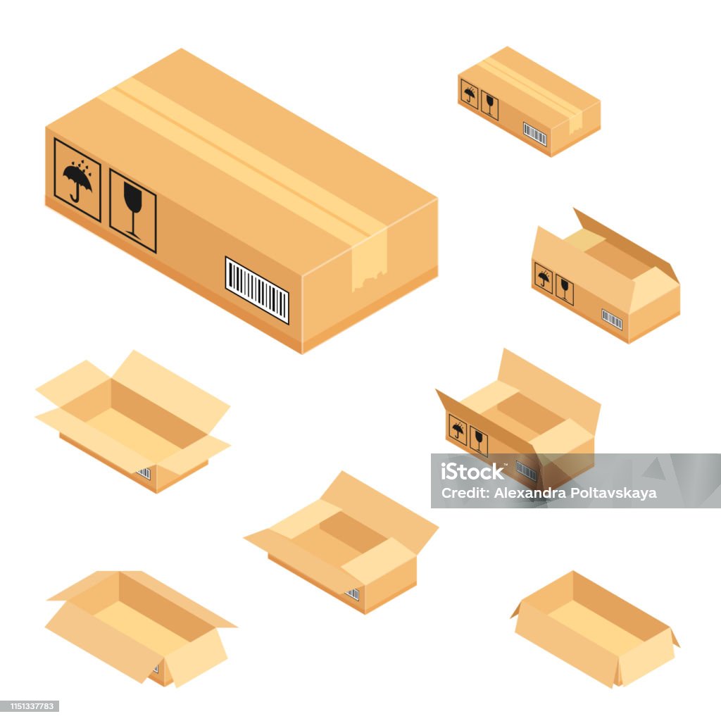 Set of isometric cardboard boxes. Delivery box package. Set of isometric cardboard boxes. Delivery box package. Vector illustration isolated on white background. Box - Container stock vector