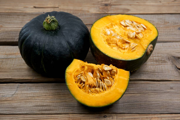 istock Green pumpkin isolated on the wood background 1151338085