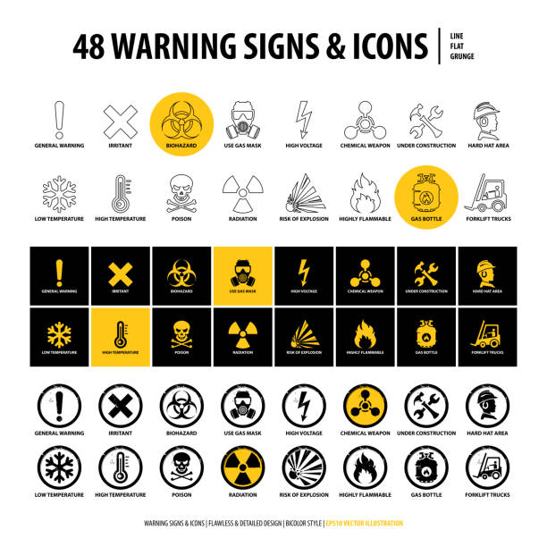 48 warning signs and icons vector set of warning signs and icons, 48 isolated danger emblems, collection of creative symbols in line, flat, grunge style design, illustration of industrial shapes and elements on white background explosive stock illustrations