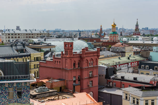 Cityscape overlooking the Moscow Kremlin. View from the height. Red building is Former pharmacy building of Ferraine built 1893,The biggest pharmacy in Europe in those times.