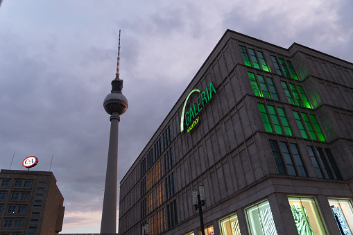 Berlin, Germany - July 17, 2018: Alexanderplatz Television Tower and Galeria Kaufhof, German department store chain