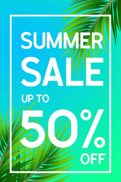 istock Summer sale poster up to 50 percent off with palm leaf 1151346133