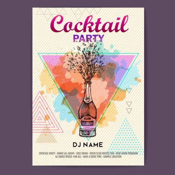 Vector illustration of Champagne bottle with splash on artistic polygon watercolor background. Cocktail disco party poster