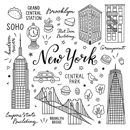 New York hand drawn vector set with buildings, landmarks, architecture, food and lettering. Travel elements and objects in New York city