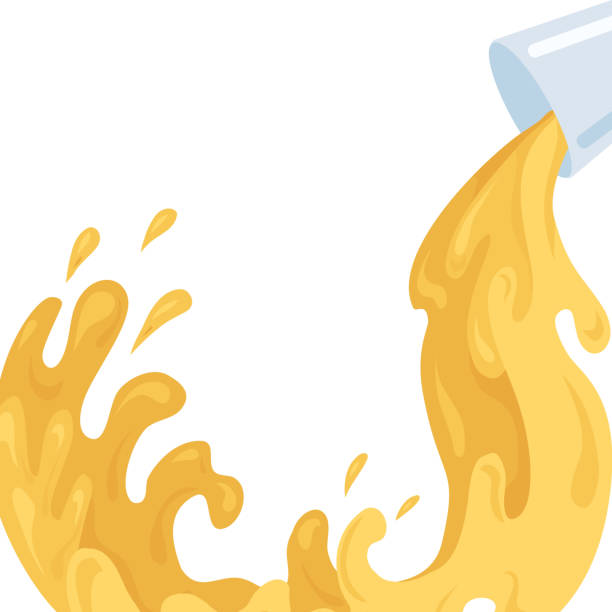 illustrazioni stock, clip art, cartoni animati e icone di tendenza di illustrazione piatta di versare succo da una tazza. flusso di nettare. ruscelli e gocce di acqua succosa. - cooking oil drop honey beer