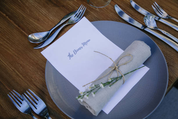 istock Wedding reception menu. Festive wedding, table setting. Blank card mockup. Restaurant menu concept. 1151349948
