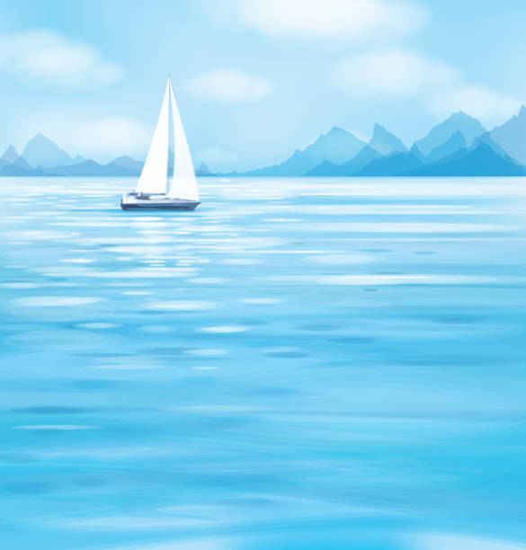 illustrations, cliparts, dessins animés et icônes de vecteur de mer bleu paysage avec yacht. - ciel ocean