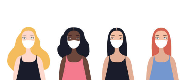 группа из четырех красивых стильных персонажей мультфильма женщина афро-американской этнической кавказской этнической принадлежности аз - adult allergy casual white background stock illustrations