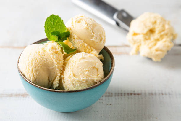 istock Vanilla ice cream balls with mint in a turquoise bowl 1151360594
