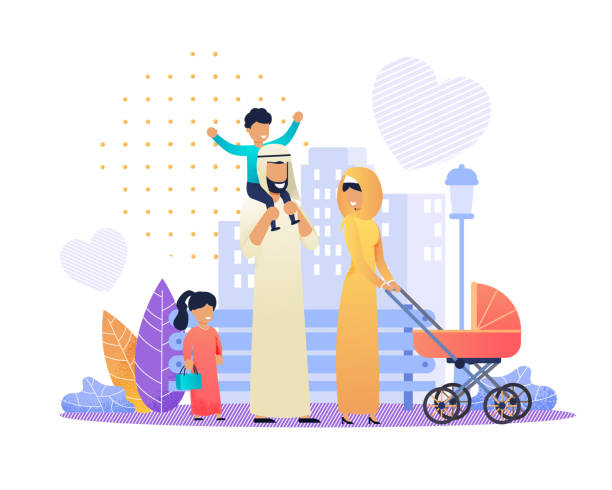 Happy Arabian Family on City Street Flat Cartoon Happy Arabian Family in Traditional Wear on City Street. Flat Cartoon Father Riding Son on Shoulders, Mother Walking with Newborn in Stroller, Daughter Going with Bag in Hand. Vector Illustration arabic family stock illustrations