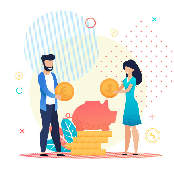 ilustrações de stock, clip art, desenhos animados e ícones de married couple save money in piggy bank metaphor - husband