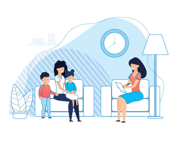 Mother with Kids on Psychologist Consultation Mother with Kids on Psychologist Consultation Cartoon. Problem Solving between Parents and Children or Brother and Sister. Psychotherapy Support. Family Psychological Therapy. Vector lat Illustration positive negative slide stock illustrations