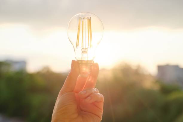istock Filament led lightbulbs, hand holding lamp, evening sunset sky background 1151360723