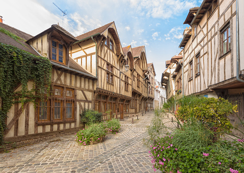 Half-timbered houses on alley at the old town of Troyes, Champagne-Ardenne region, France