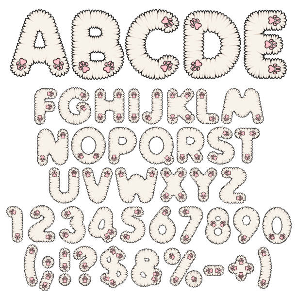 ilustrações de stock, clip art, desenhos animados e ícones de fluffy white alphabet, letters, numbers and signs with pink paws. set of isolated vector objects. - fur type
