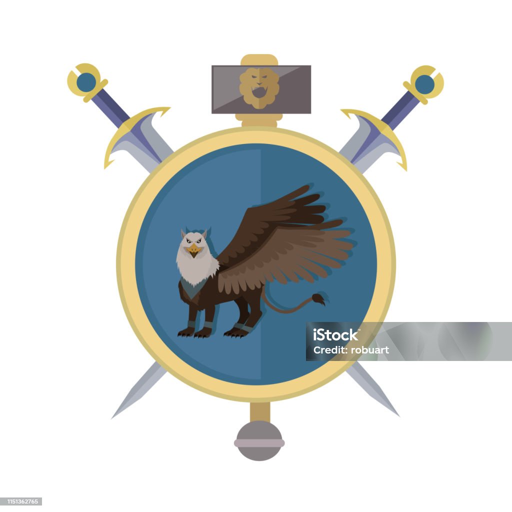 Griffin Avatar Icon Griffin with axes, isolated avatar icon. Legendary creature with the body, tail, and back legs of a lion, head and wings of an eagle. Game object in flat design isolated on white background. Abstract stock vector