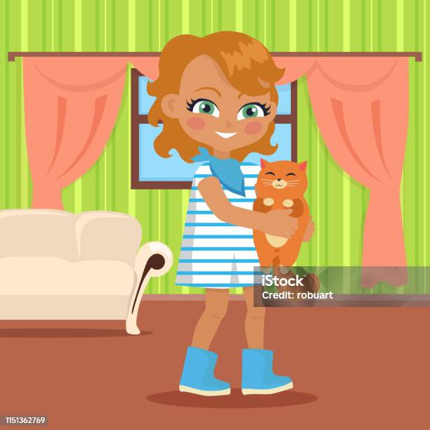 Girl Holds Small Cat Stock Illustration - Download Image Now - Animal, Backgrounds, Blond Hair