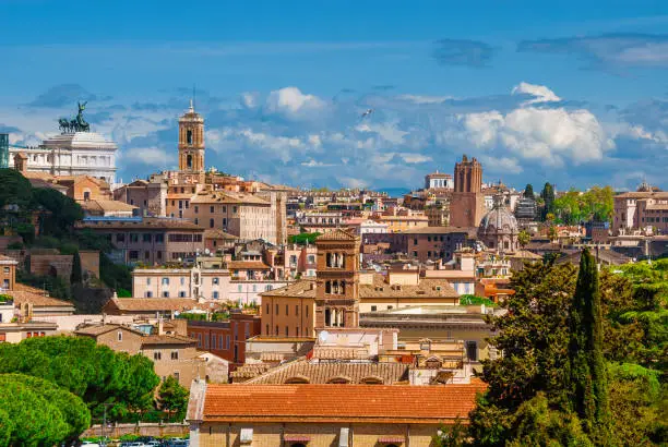 View of Rome historic center with Capitoline Hill ancient monuments